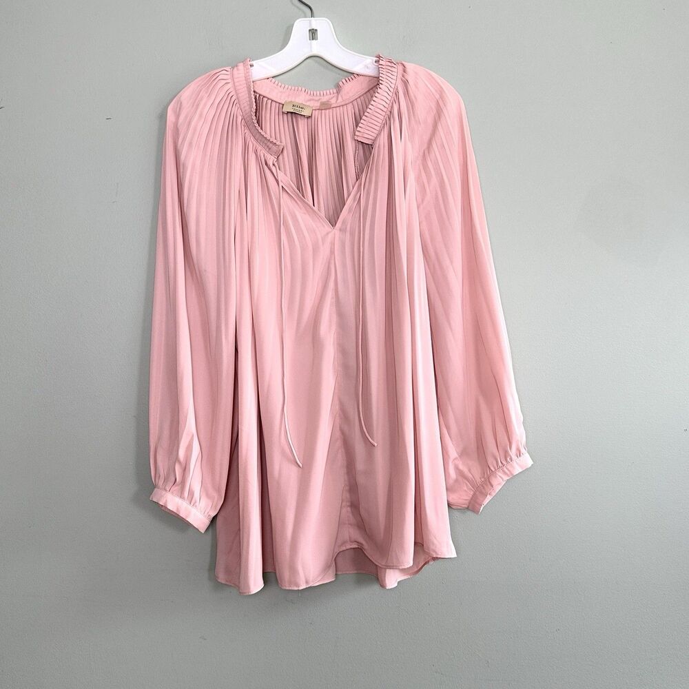 Elie Tahari Pleated Blouse Womens 2X Pink Flowy Long Sleeve Peasant Cottagecore